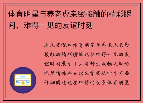 体育明星与养老虎亲密接触的精彩瞬间，难得一见的友谊时刻